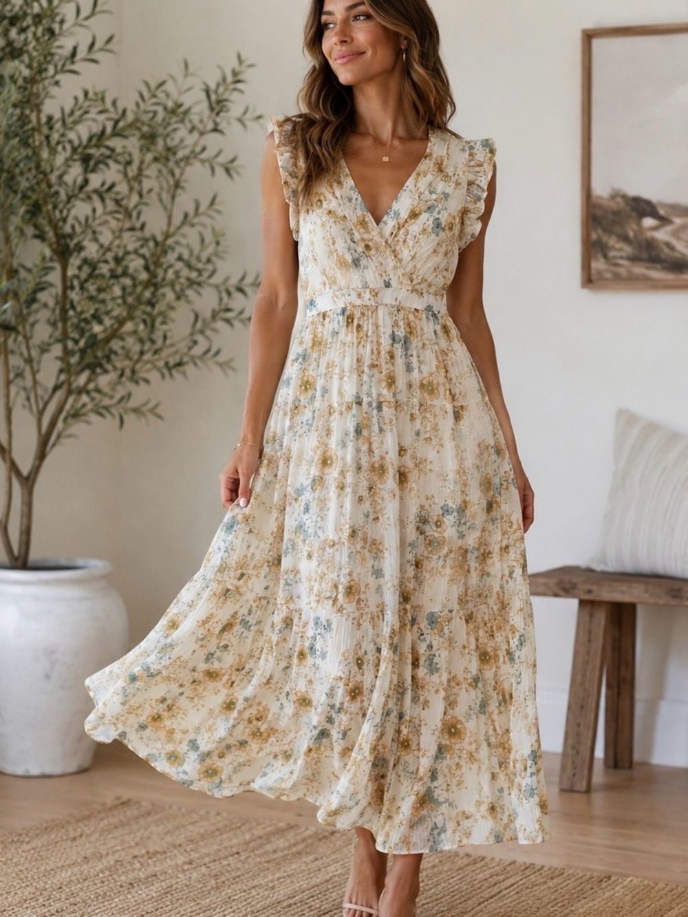 Taylor Women’s Floral V-Neck Maxi Dress Cream Size 6